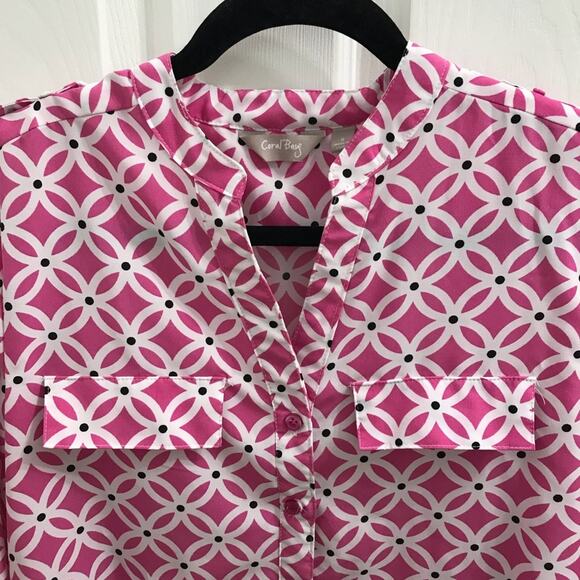 Coral Bay Hot Pink & White Mod Pattern Button Up Blouse Top Small Relaxed EUC - Picture 2 of 7